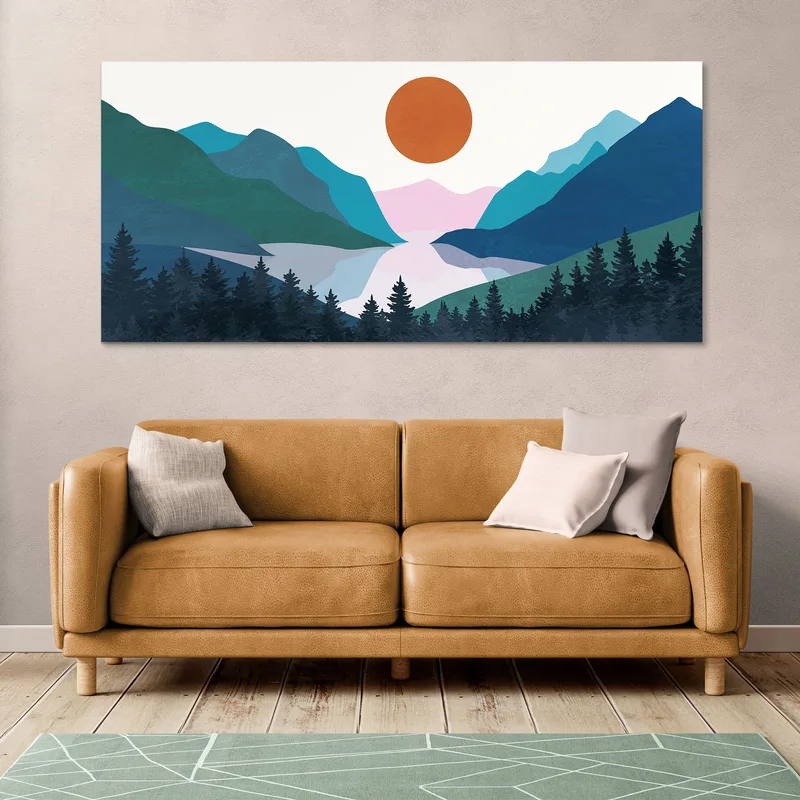 Boho Chic Painting Landscape Illustration Colorful Mountains With Pine Forest And Lake At Sunset