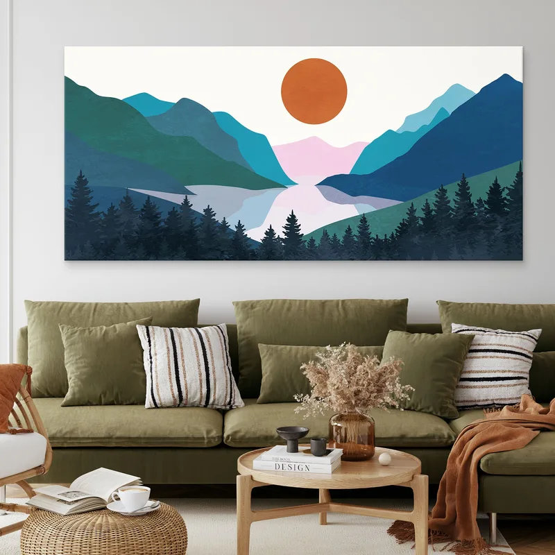 Boho Chic Painting Landscape Illustration Colorful Mountains With Pine Forest And Lake At Sunset