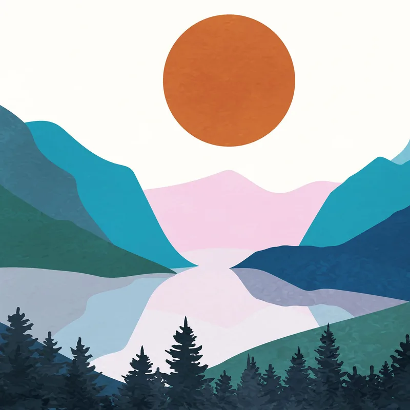 Boho Chic Painting Landscape Illustration Colorful Mountains With Pine Forest And Lake At Sunset