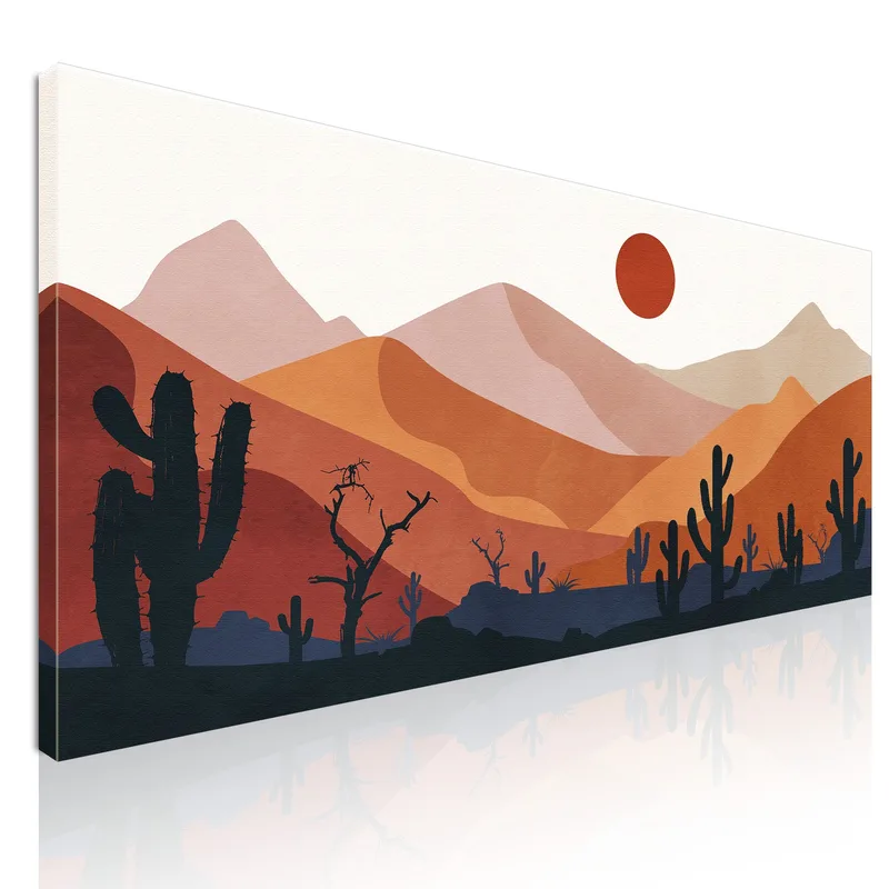 Boho Chic Painting Landscape Illustration Mountainous Desert With Cactus And Setting Sun canvas print