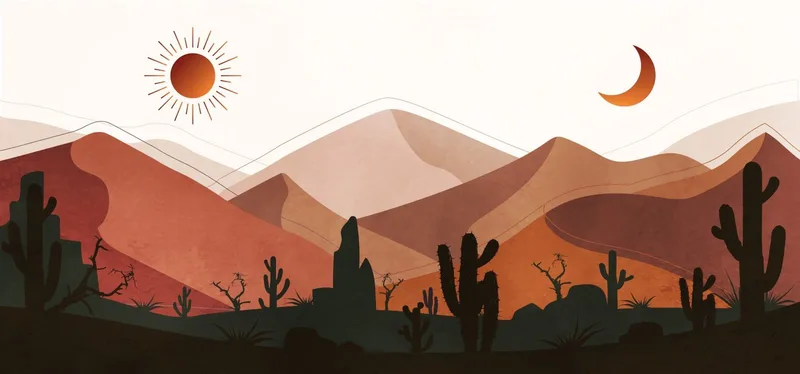 Boho Chic Painting Illustration Landscape Mountainous Desert With Cactus At Sunset And Crescent Moon