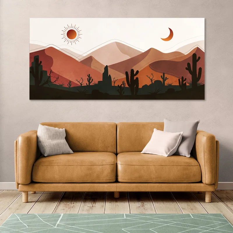 Boho Chic Painting Illustration Landscape Mountainous Desert With Cactus At Sunset And Crescent Moon