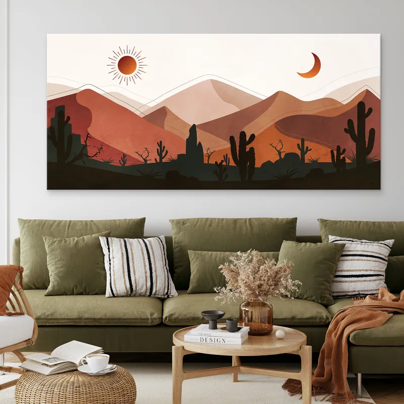 Boho Chic Painting Illustration Landscape Mountainous Desert With Cactus At Sunset And Crescent Moon