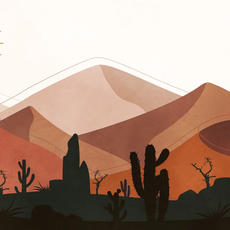 Boho Chic Painting Illustration Landscape Mountainous Desert With Cactus At Sunset And Crescent Moon