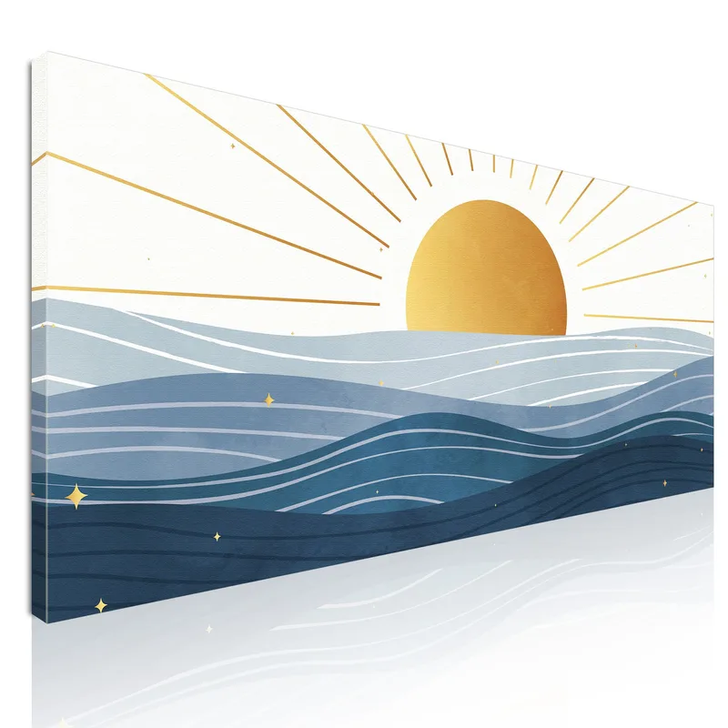 Boho Chic Landscape Illustration Painting Sunrise Over The Sea With Golden Sun And Blue Waves canvas print