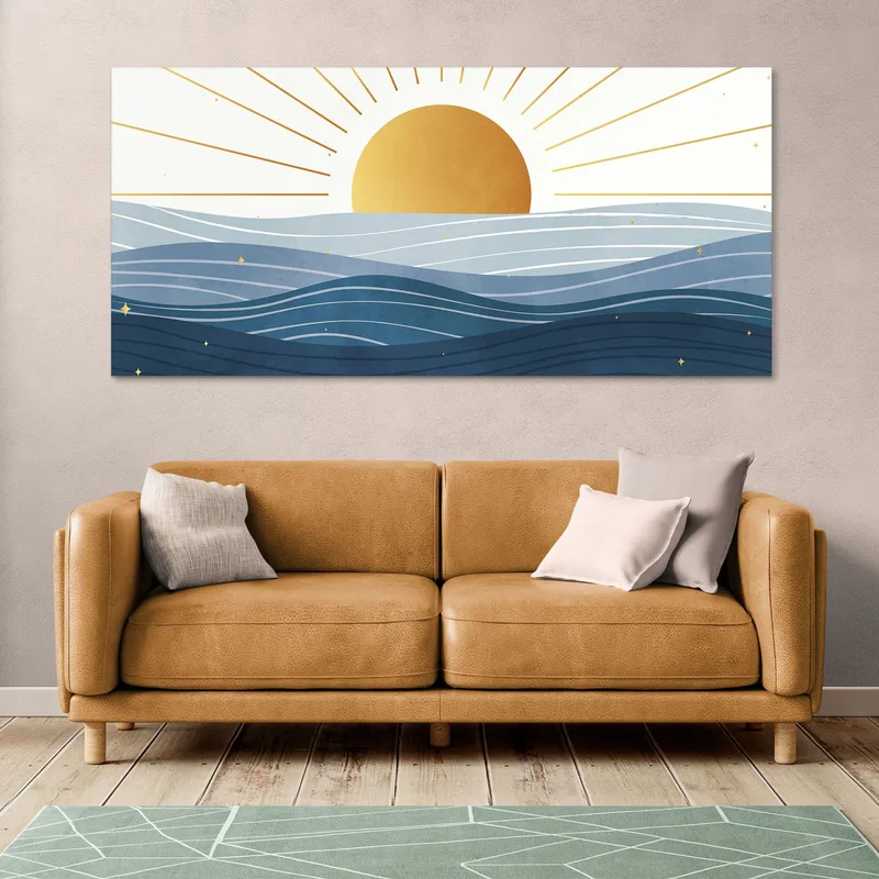 Quadro Boho Chic Illustrazione Paesaggio Alba Sul Mare Con Sole Dorato E Onde Blu