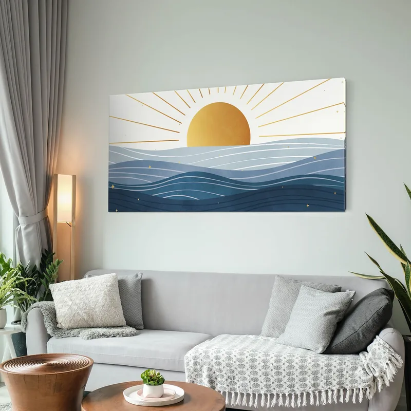 Quadro Boho Chic Illustrazione Paesaggio Alba Sul Mare Con Sole Dorato E Onde Blu