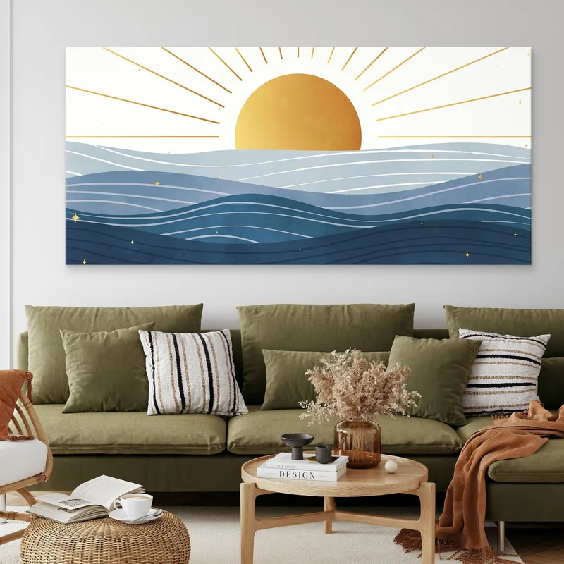 Quadro Boho Chic Illustrazione Paesaggio Alba Sul Mare Con Sole Dorato E Onde Blu