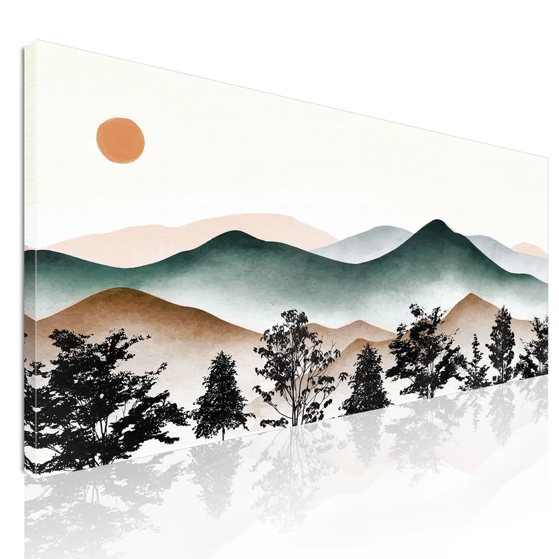 Boho Chic Painting Landscape Illustration Of Misty Mountains With The Setting Sun canvas print