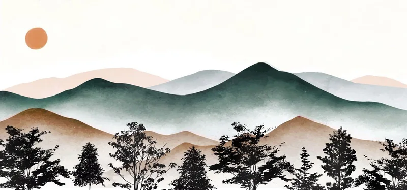 Boho Chic Painting Landscape Illustration Of Misty Mountains With The Setting Sun