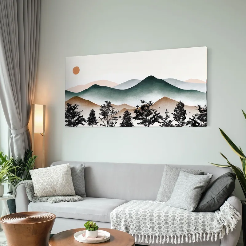 Boho Chic Painting Landscape Illustration Of Misty Mountains With The Setting Sun