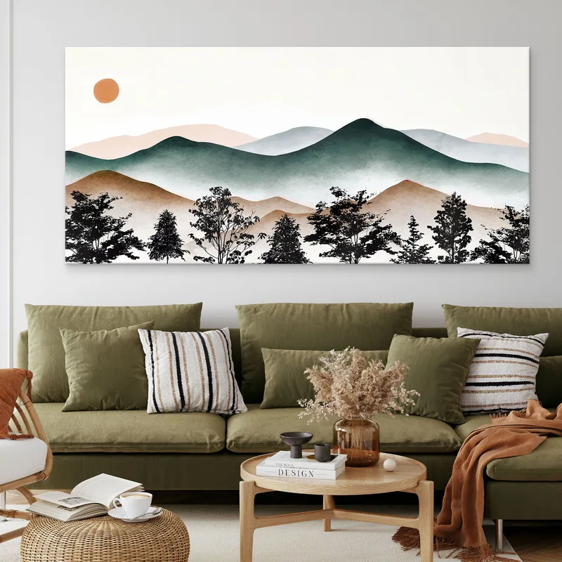 Boho Chic Painting Landscape Illustration Of Misty Mountains With The Setting Sun