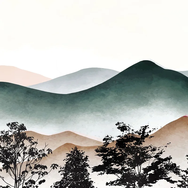 Boho Chic Painting Landscape Illustration Of Misty Mountains With The Setting Sun