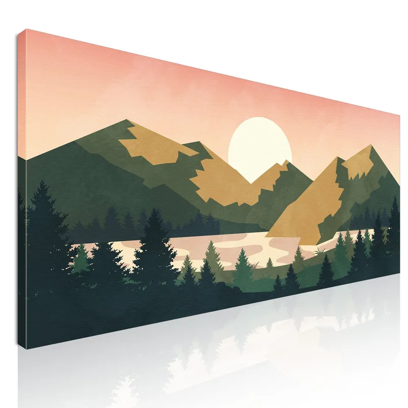 Boho Chic Painting Landscape Illustration Sunset Over The Mountains With Sun And Forest canvas print