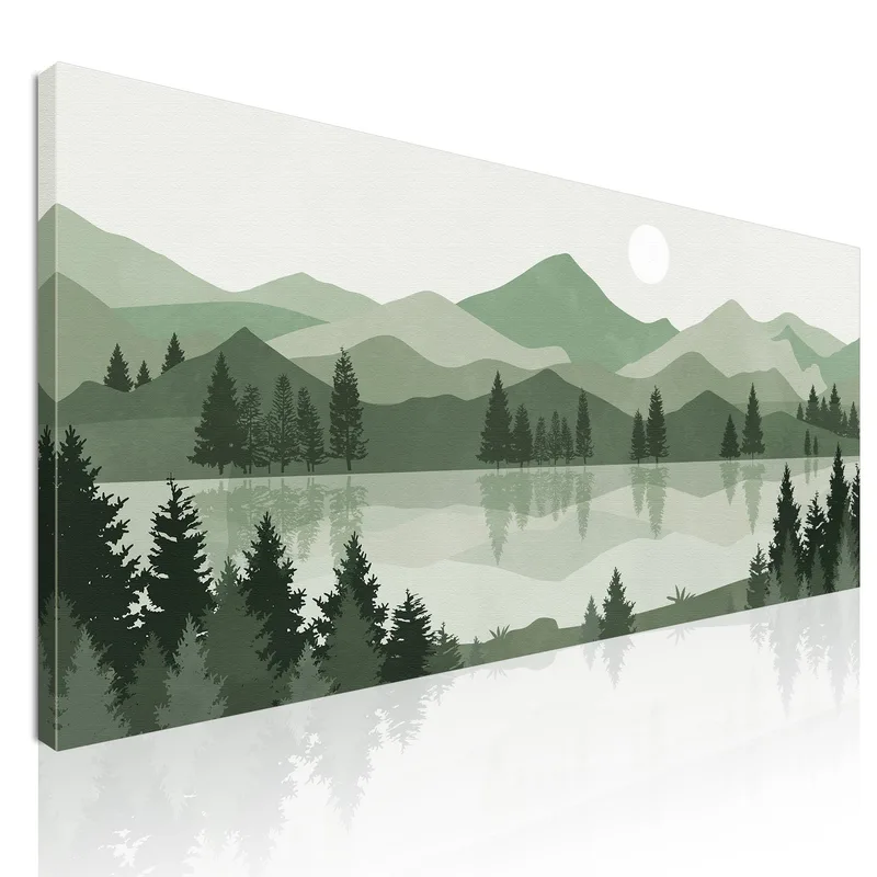 Boho Chic Painting Landscape Illustration Lake In The Green Mountains At Sunset canvas print