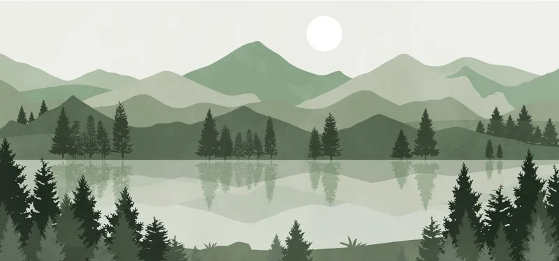 Tableau Boho Chic Illustration Paysage Lac Dans Les Montagnes Vertes Au Coucher Du Soleil