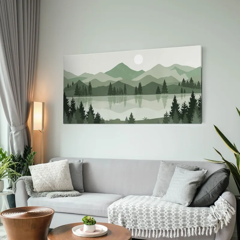 Tableau Boho Chic Illustration Paysage Lac Dans Les Montagnes Vertes Au Coucher Du Soleil