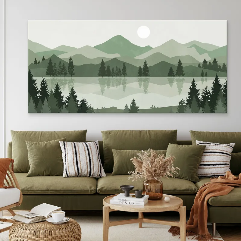 Tableau Boho Chic Illustration Paysage Lac Dans Les Montagnes Vertes Au Coucher Du Soleil