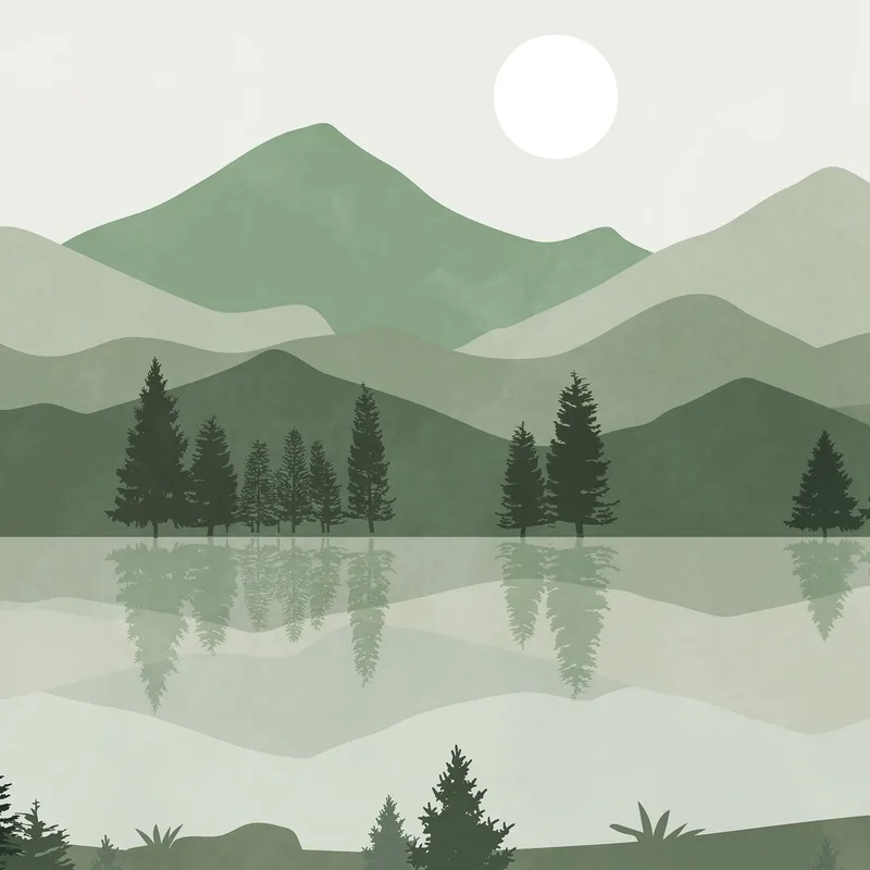 Tableau Boho Chic Illustration Paysage Lac Dans Les Montagnes Vertes Au Coucher Du Soleil