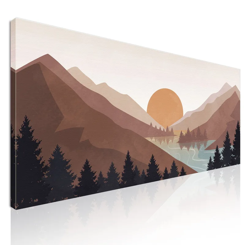 Boho Chic Painting Landscape Illustration Sunset Over The Mountains With Reflections On The Lake canvas print