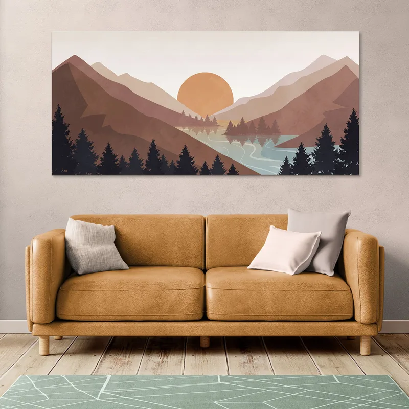 Boho Chic Painting Landscape Illustration Sunset Over The Mountains With Reflections On The Lake