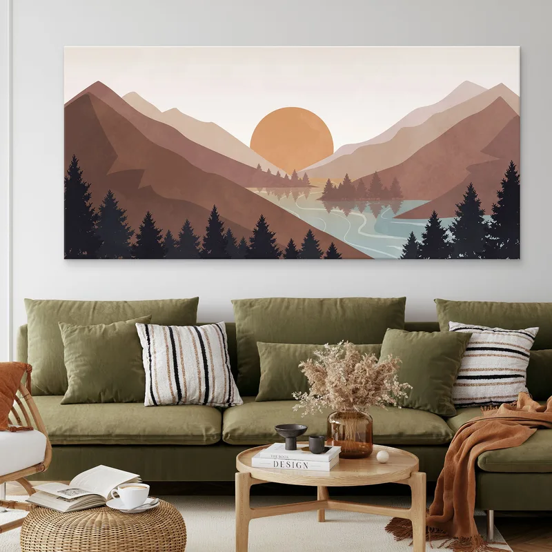 Boho Chic Painting Landscape Illustration Sunset Over The Mountains With Reflections On The Lake