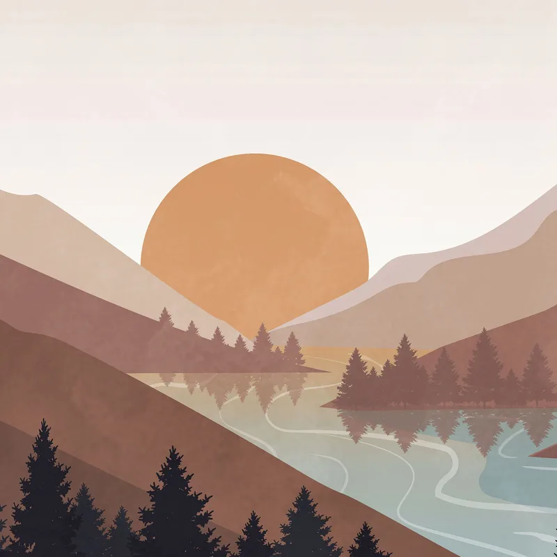 Boho Chic Painting Landscape Illustration Sunset Over The Mountains With Reflections On The Lake