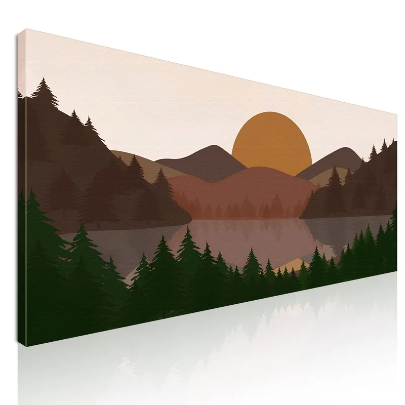 Boho Chic Painting Landscape Illustration Hill At Sunset With Trees And Lake canvas print