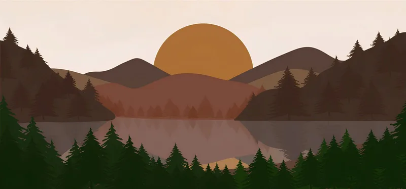 Illustration De Paysage De Peinture Boho Chic Colline Au Coucher Du Soleil Avec Arbres Et Lac