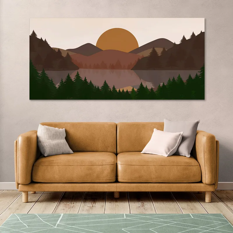 Illustration De Paysage De Peinture Boho Chic Colline Au Coucher Du Soleil Avec Arbres Et Lac