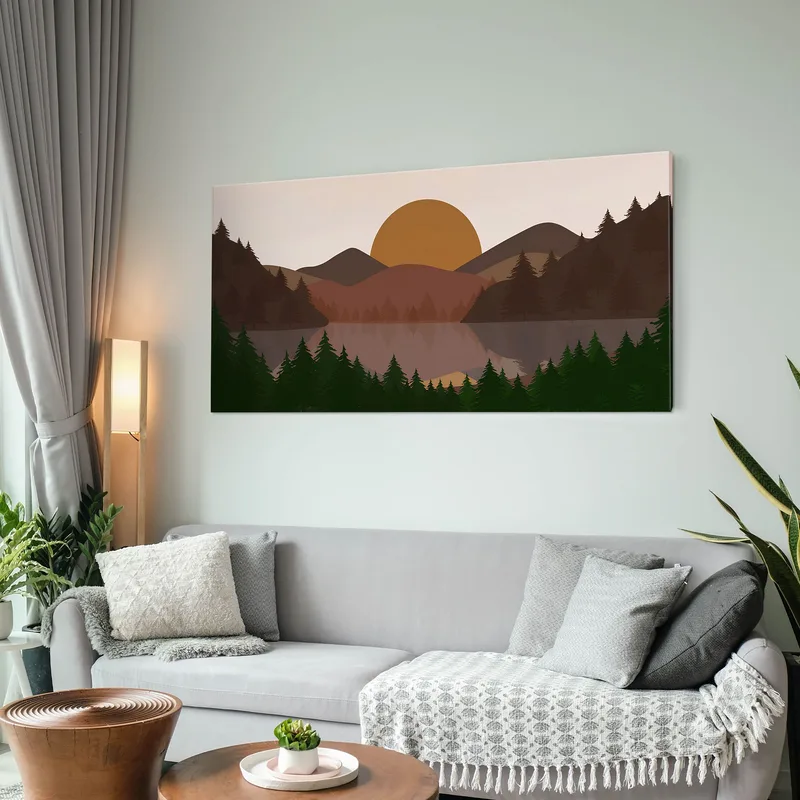 Illustration De Paysage De Peinture Boho Chic Colline Au Coucher Du Soleil Avec Arbres Et Lac