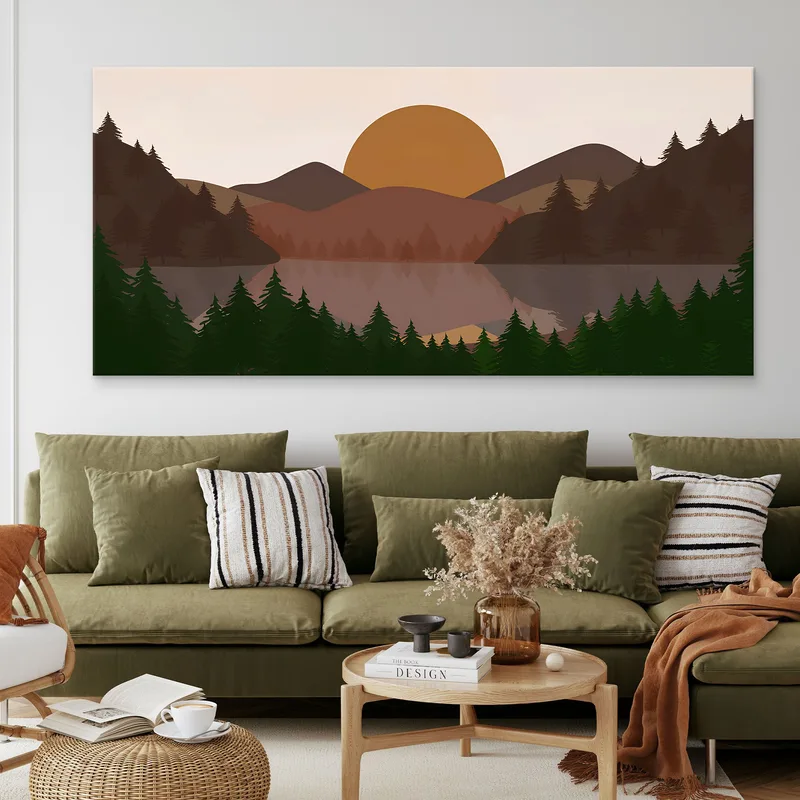 Illustration De Paysage De Peinture Boho Chic Colline Au Coucher Du Soleil Avec Arbres Et Lac