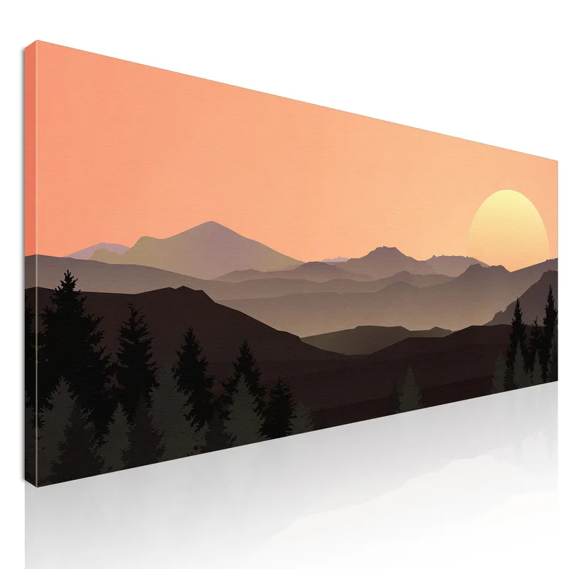 Boho Chic Painting Landscape Illustration Mountainous Sunset With Sun And Forest canvas print