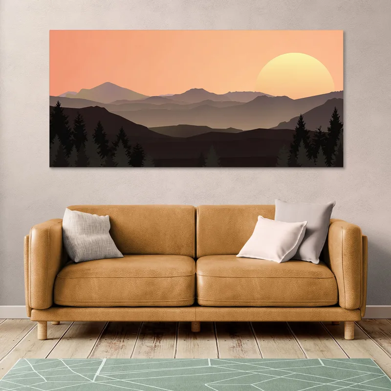 Quadro Boho Chic Illustrazione Paesaggio Tramonto Montuoso Con Sole E Foresta