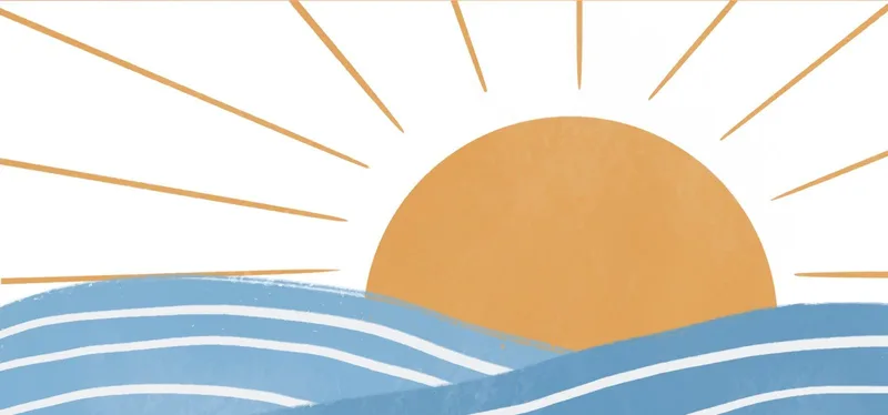 Pintura Boho Chic Ilustración De Paisaje Amanecer Sobre El Mar Con Olas Y Rayos De Sol