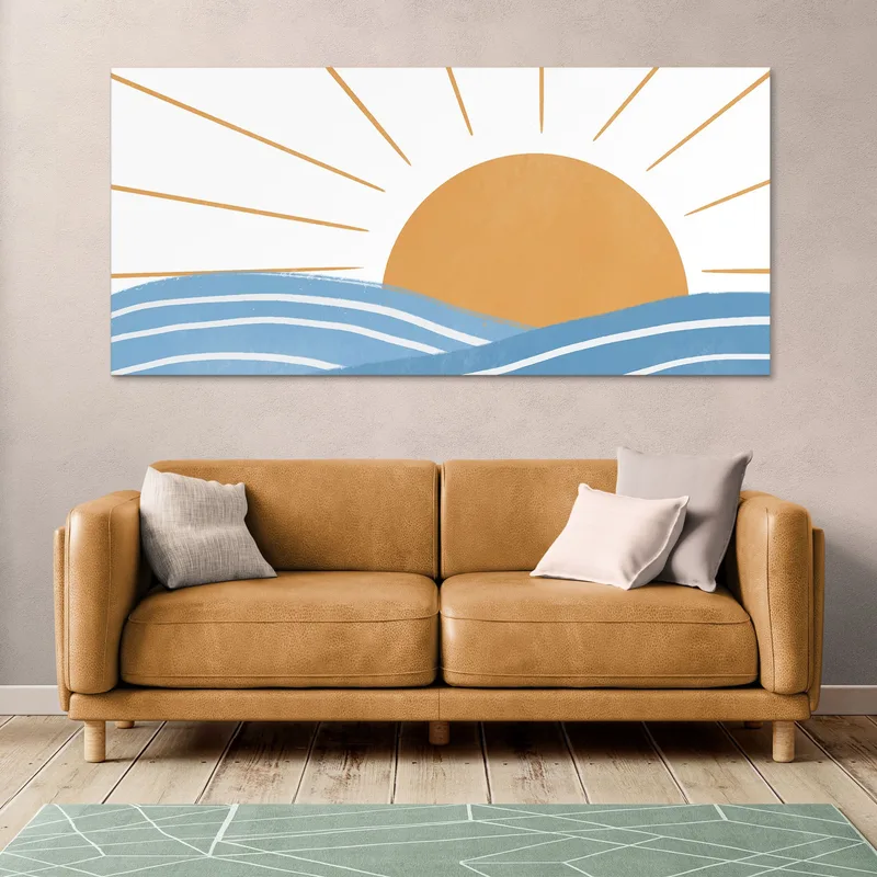 Pintura Boho Chic Ilustración De Paisaje Amanecer Sobre El Mar Con Olas Y Rayos De Sol