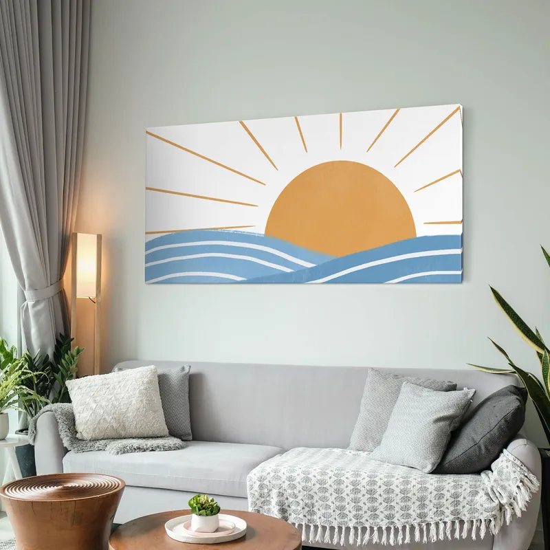 Pintura Boho Chic Ilustración De Paisaje Amanecer Sobre El Mar Con Olas Y Rayos De Sol
