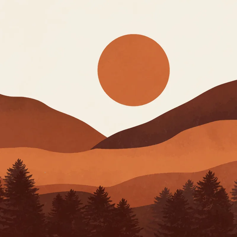 Boho-Chic-Gemälde Landschaftsillustration Berglandschaft Mit Sonnenuntergang