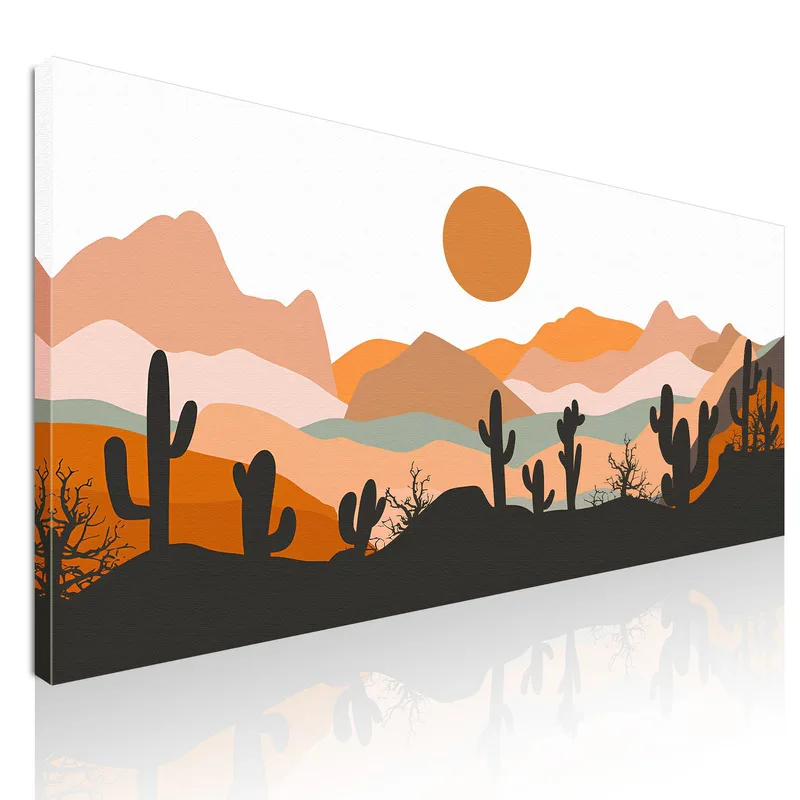 Boho Chic Framework Illustration Landscape Mountains With Cactus And Sun At Sunset canvas print