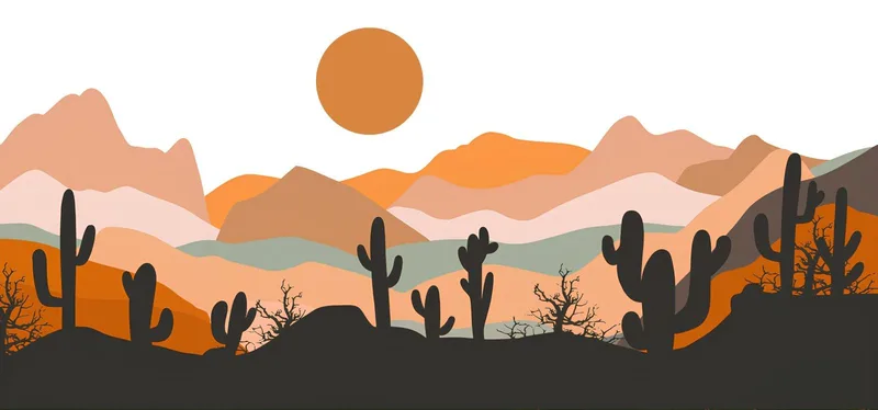 Boho Chic Framework Illustration Landscape Mountains With Cactus And Sun At Sunset