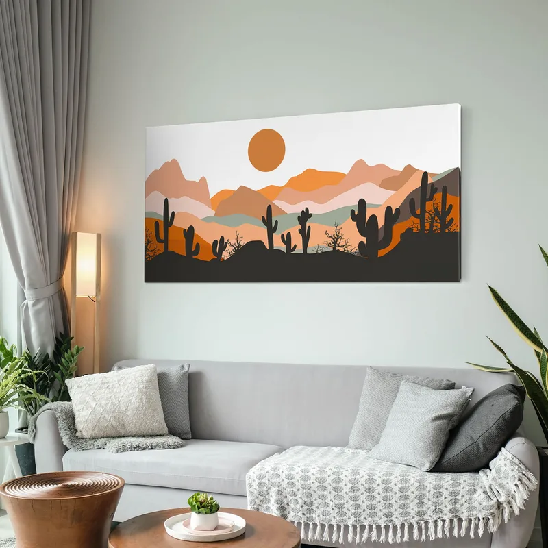Boho Chic Framework Illustration Landscape Mountains With Cactus And Sun At Sunset