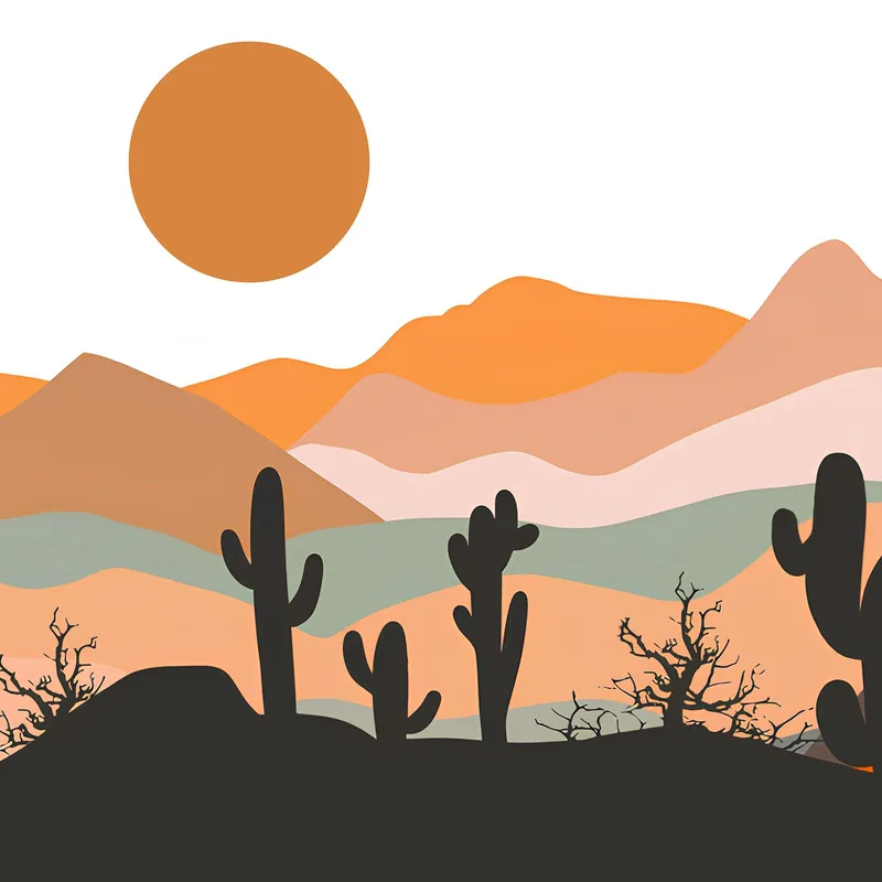 Boho Chic Framework Illustration Landscape Mountains With Cactus And Sun At Sunset