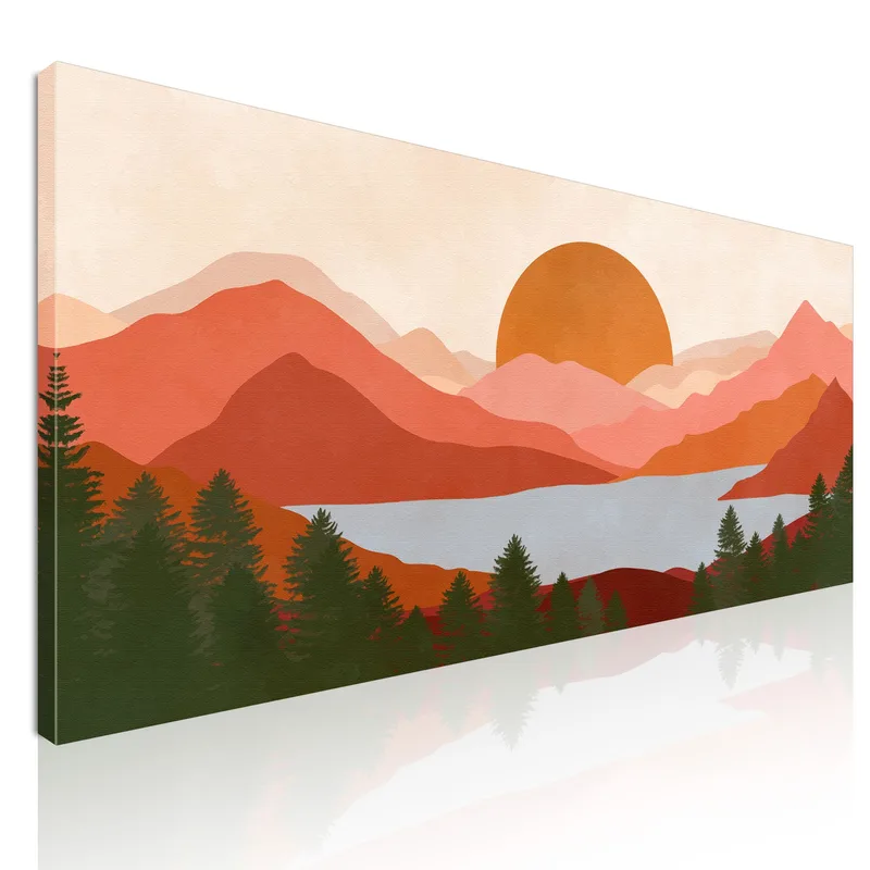 Boho Chic Painting Landscape Illustration Red Mountains With Lake And Sunset canvas print