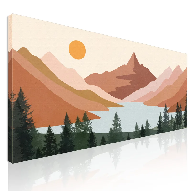 Boho Chic Painting Landscape Illustration Mountains On The Lake At Dawn canvas print