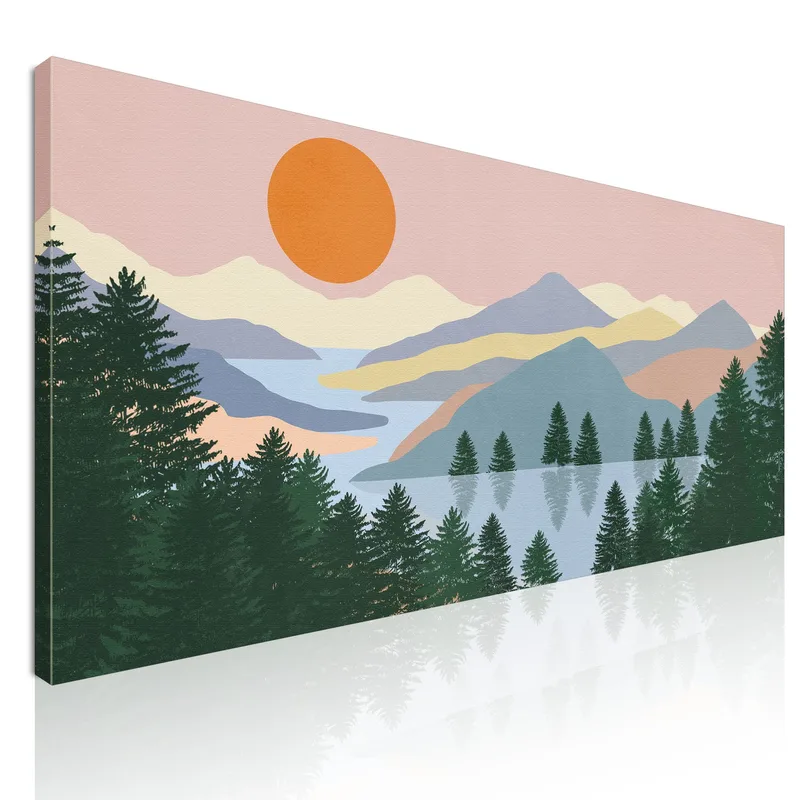 Boho Chic Painting Landscape Illustration Sunrise On The Lake With Pine Trees And Mountains canvas print