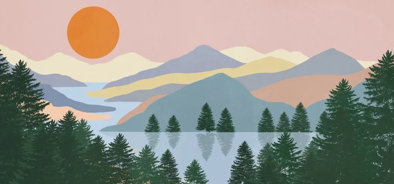 Boho-Chic-Gemäldelandschaftsillustration Sonnenaufgang Am See Mit Pinien Und Bergen