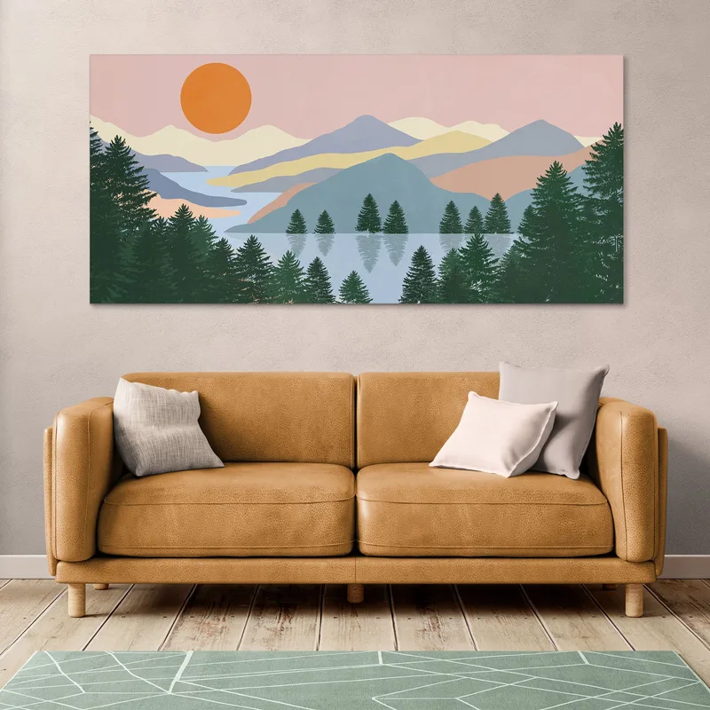 Boho-Chic-Gemäldelandschaftsillustration Sonnenaufgang Am See Mit Pinien Und Bergen