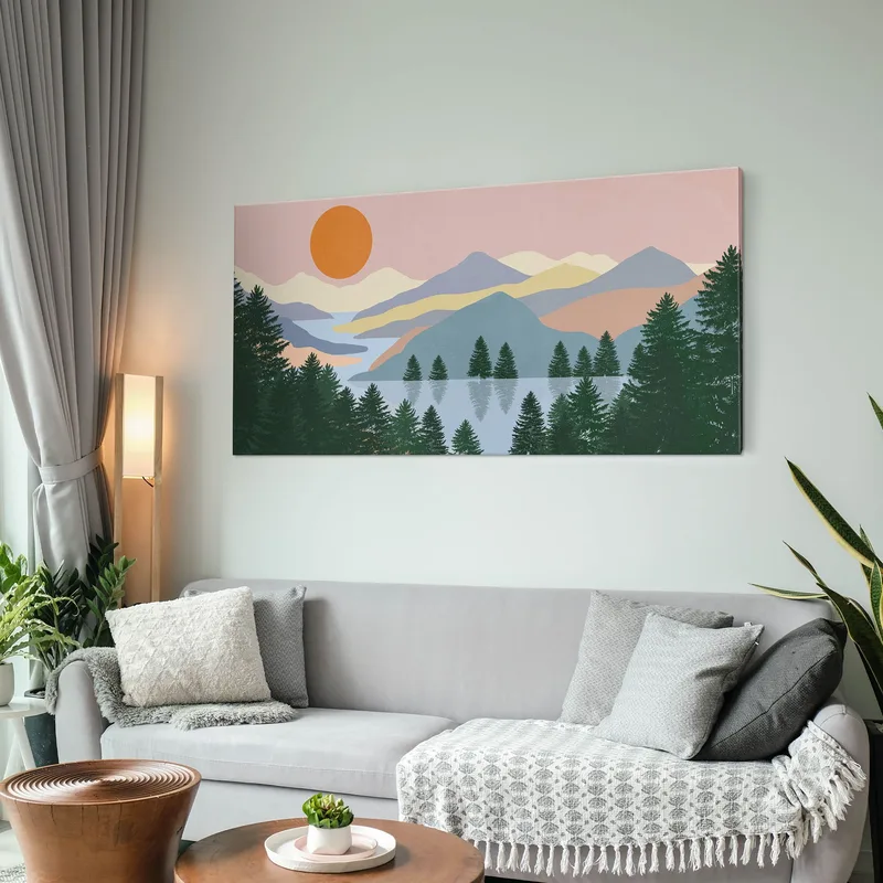 Boho-Chic-Gemäldelandschaftsillustration Sonnenaufgang Am See Mit Pinien Und Bergen