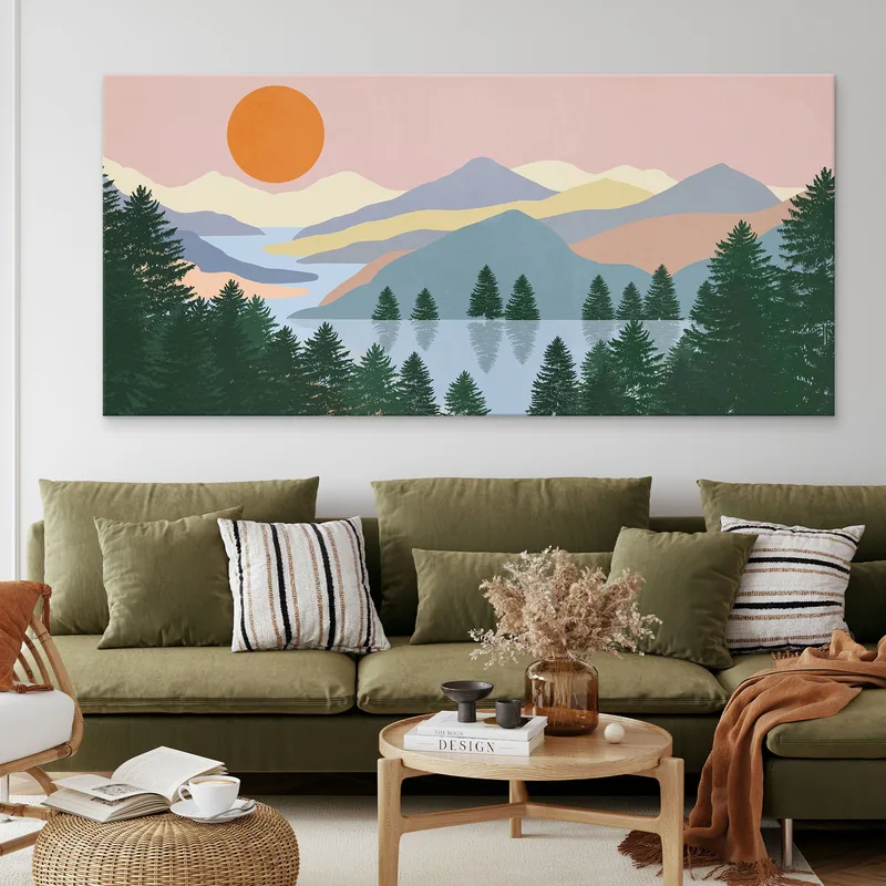 Boho-Chic-Gemäldelandschaftsillustration Sonnenaufgang Am See Mit Pinien Und Bergen