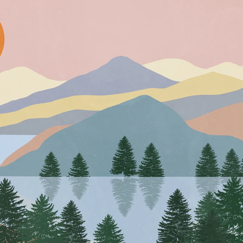Boho-Chic-Gemäldelandschaftsillustration Sonnenaufgang Am See Mit Pinien Und Bergen